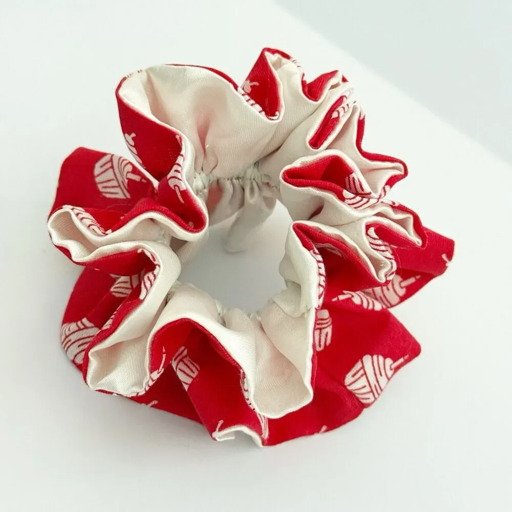 Handmade Red & Cream Scrunchie Hair Tie Ruffled Elastic Ponytail Holder